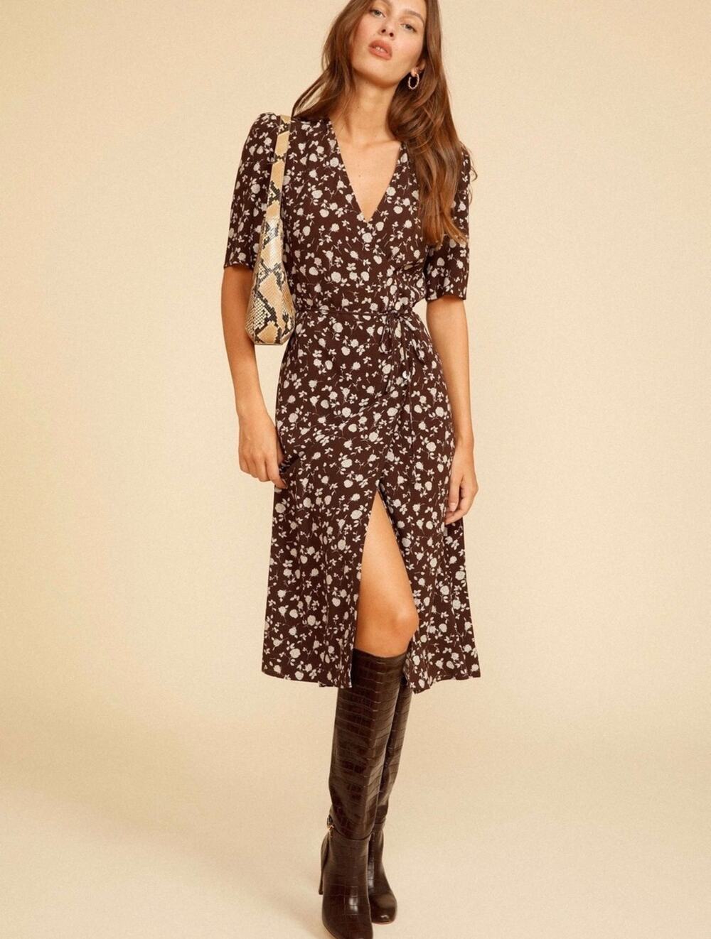 READ Rouje Gabin Brown Floral Button Wrap Midi Dress